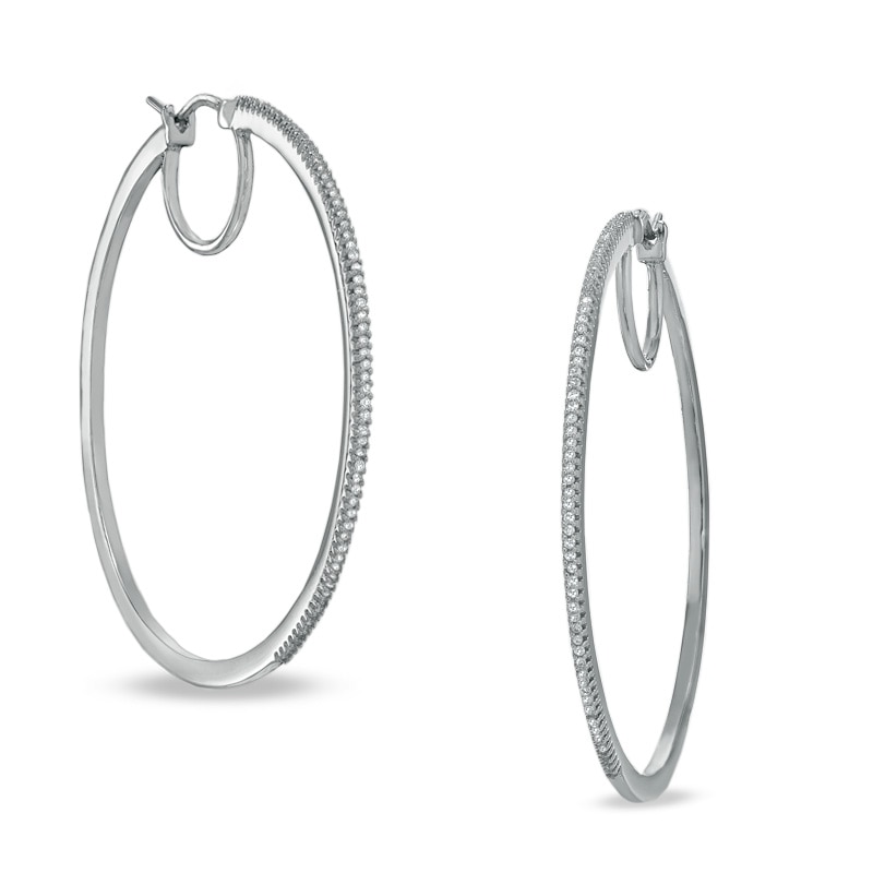 Main Image 1 of Previously Owned - 3/8 CT. T.W. Diamond Classic Hoop Earrings in Sterling Silver