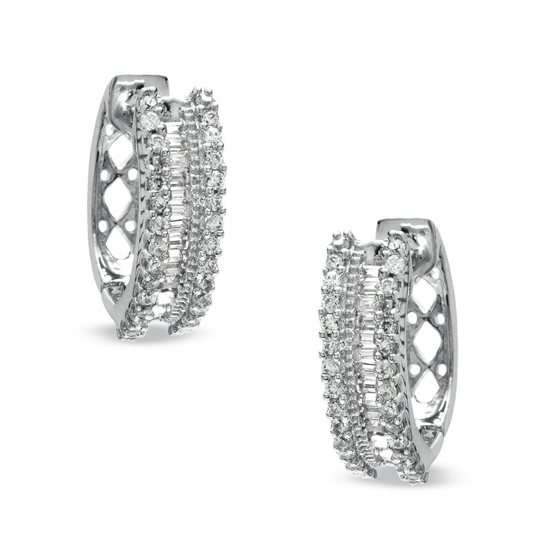 Main Image 1 of Previously Owned - 1/2 CT. T.W. Round and Baguette Diamond Hoop Earrings in 10K White Gold