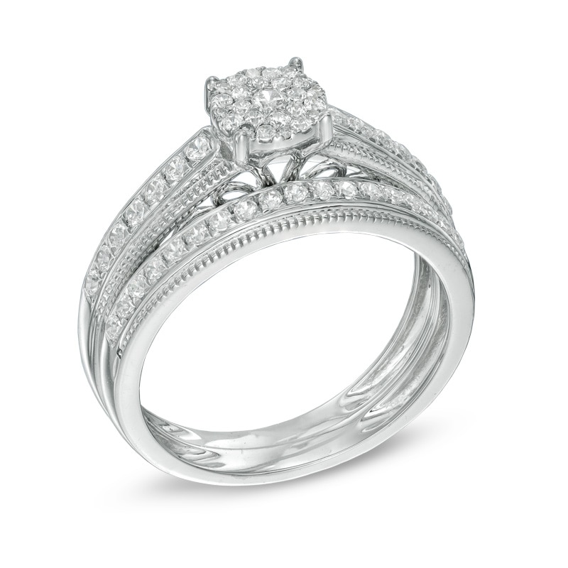 Main Image 2 of Previously Owned - 1/2 CT. T.W. Multi-Diamond Vintage-Style Bridal Set in 10K White Gold