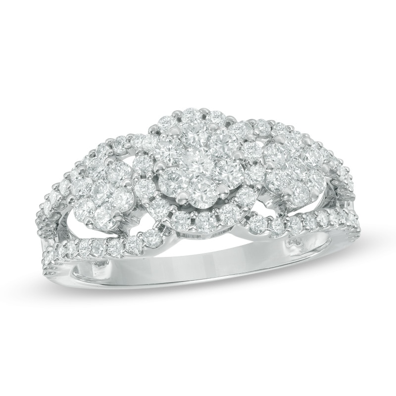 Main Image 1 of Previously Owned - 1 CT. T.W. Multi-Diamond Three Stone Frame Engagement Ring in 10K White Gold