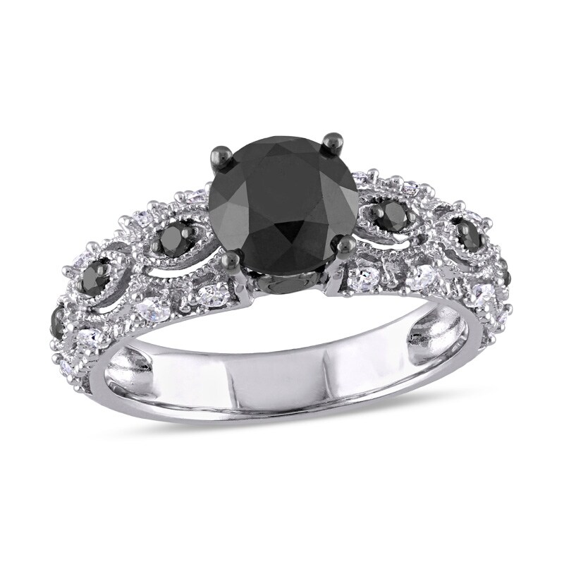 Main Image 1 of Previously Owned - 2 CT. T.W. Black and White Diamond Vintage-Style Engagement Ring in 10K White Gold