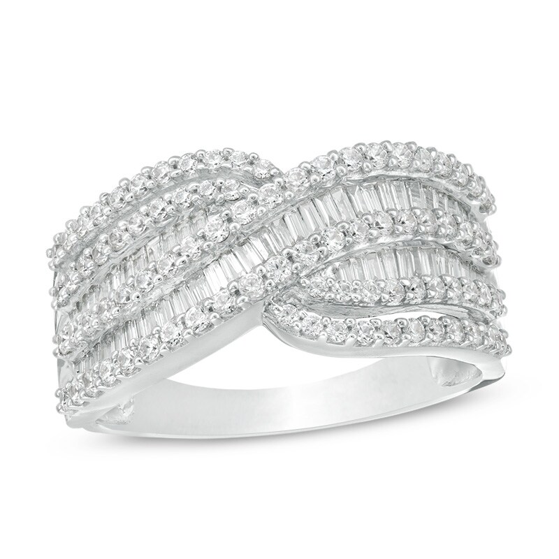Main Image 1 of Previously Owned - 1 CT. T.W. Baguette and Round Diamond Multi-Row Crossover Ring in 10K White Gold