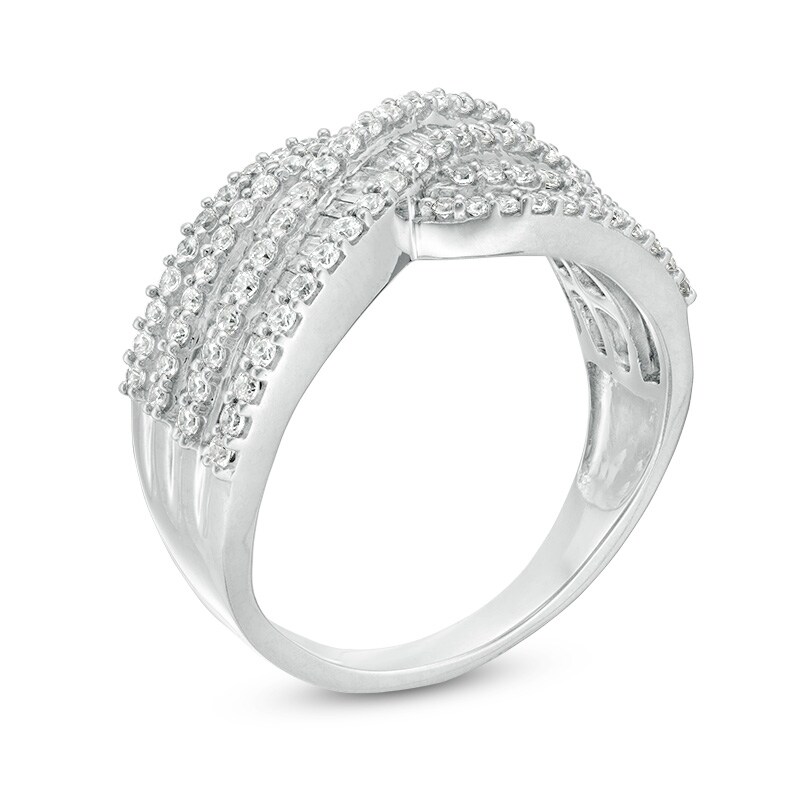 Main Image 2 of Previously Owned - 1 CT. T.W. Baguette and Round Diamond Multi-Row Crossover Ring in 10K White Gold
