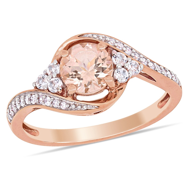 Main Image 1 of Previously Owned - 6.0mm Morganite, White Topaz and 1/10 CT. T.W. Diamond Tri-Sides Bypass Ring in 10K Rose Gold