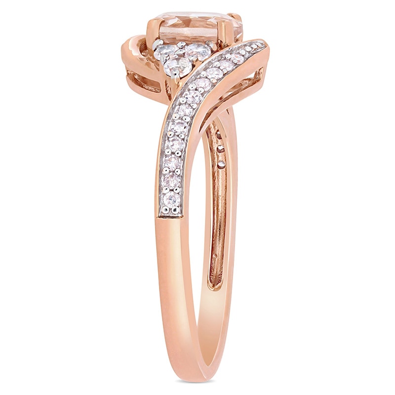 Main Image 3 of Previously Owned - 6.0mm Morganite, White Topaz and 1/10 CT. T.W. Diamond Tri-Sides Bypass Ring in 10K Rose Gold