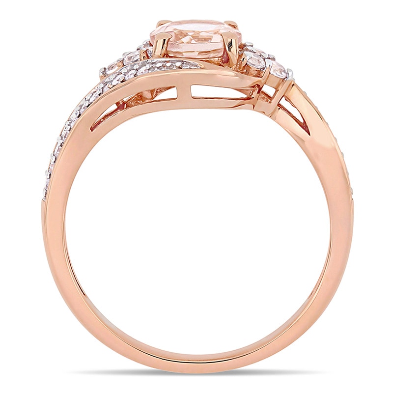 Main Image 4 of Previously Owned - 6.0mm Morganite, White Topaz and 1/10 CT. T.W. Diamond Tri-Sides Bypass Ring in 10K Rose Gold