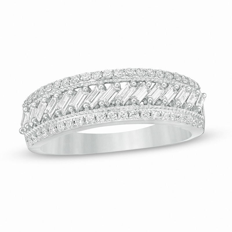 Main Image 1 of Previously Owned - 1/2 CT. T.W. Baguette and Round Diamond Slant Multi-Row Band in 14K White Gold