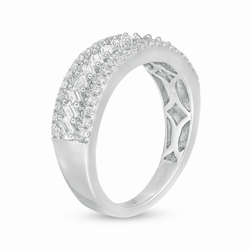 Main Image 3 of Previously Owned - 1/2 CT. T.W. Baguette and Round Diamond Slant Multi-Row Band in 14K White Gold