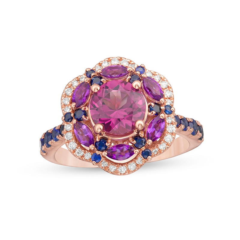 Main Image 1 of Previously Owned - Rhodolite Garnet, Garnet, Blue Sapphire and 1/8 CT. T.W. Diamond Frame Flower Ring in 14K Rose Gold