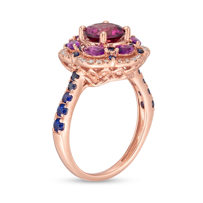 Main Image 3 of Previously Owned - Rhodolite Garnet, Garnet, Blue Sapphire and 1/8 CT. T.W. Diamond Frame Flower Ring in 14K Rose Gold
