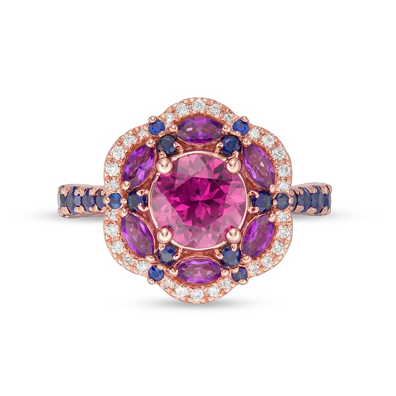 Main Image 4 of Previously Owned - Rhodolite Garnet, Garnet, Blue Sapphire and 1/8 CT. T.W. Diamond Frame Flower Ring in 14K Rose Gold