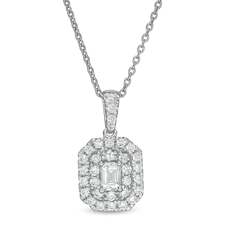 Main Image 1 of Previously Owned - 1/2 CT. T.W.  Emerald-Cut Lab-Grown Diamond Octagonal Double Frame Pendant in 14K White Gold