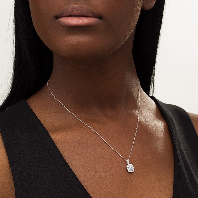 Main Image 2 of Previously Owned - 1/2 CT. T.W.  Emerald-Cut Lab-Grown Diamond Octagonal Double Frame Pendant in 14K White Gold
