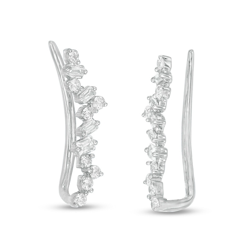 Previously Owned - 1/4 CT. T.W. Baguette and Round Diamond Crawler Earrings in 10K White Gold