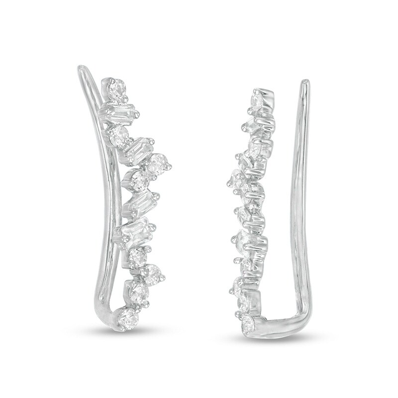 Main Image 1 of Previously Owned - 1/4 CT. T.W. Baguette and Round Diamond Crawler Earrings in 10K White Gold