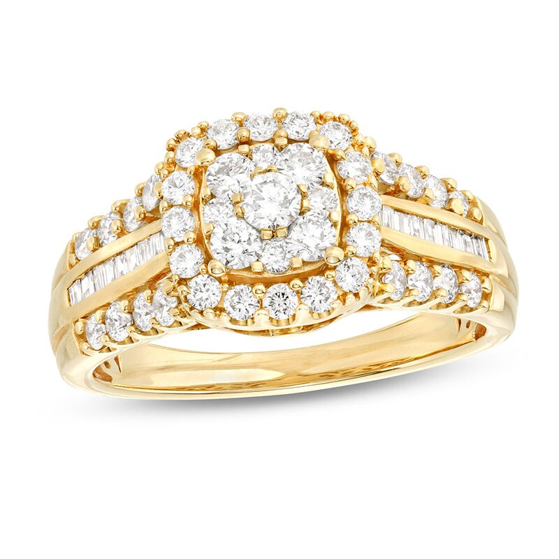 Main Image 1 of Previously Owned - 1 CT. T.W. Multi-Diamond Cushion Frame Multi-Row Engagement Ring in 10K Gold