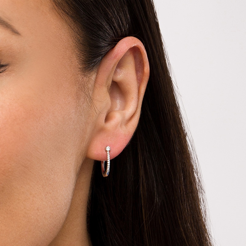 Main Image 2 of Previously Owned - 1/8 CT. T.W. Diamond U-Hoop Earrings in 10K White Gold
