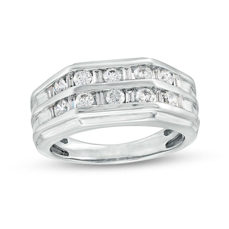 Main Image 1 of Previously Owned - 1 CT. T.W. Baguette and Round Diamond Double Row Wedding Band in 10K White Gold