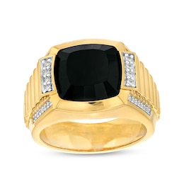 Previously Owned - 12.0mm Cushion-Cut Black Onyx and 1/4 CT. T.W. Diamond Collar Grooved Shank Ring in 10K Gold