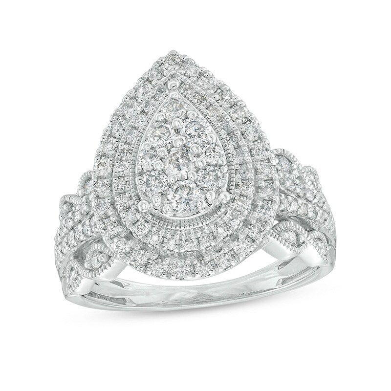 Main Image 1 of Previously Owned - 1 CT. T.W. Pear Multi-Diamond Double Frame Scallop Vintage-Style Engagement Ring in 10K White Gold