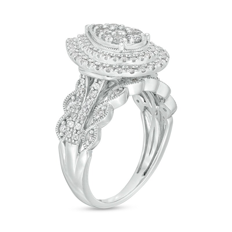 Main Image 3 of Previously Owned - 1 CT. T.W. Pear Multi-Diamond Double Frame Scallop Vintage-Style Engagement Ring in 10K White Gold