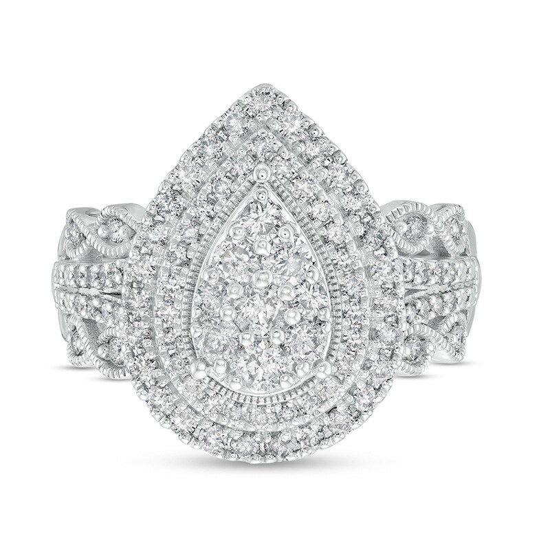 Main Image 4 of Previously Owned - 1 CT. T.W. Pear Multi-Diamond Double Frame Scallop Vintage-Style Engagement Ring in 10K White Gold