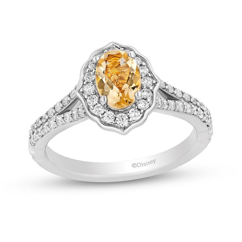 Main Image 1 of Previously Owned - Enchanted Disney Belle Citrine and 1/2 CT. T.W. Diamond Frame Engagement Ring in 14K Two-Tone Gold