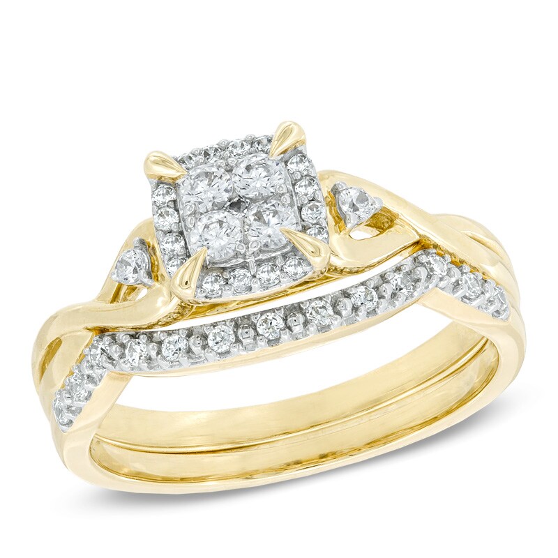 Main Image 1 of Previously Owned - 1/3 CT. T.W. Quad Diamond Frame Twist Shank Bridal Set in 10K Gold
