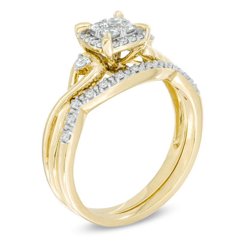 Main Image 2 of Previously Owned - 1/3 CT. T.W. Quad Diamond Frame Twist Shank Bridal Set in 10K Gold