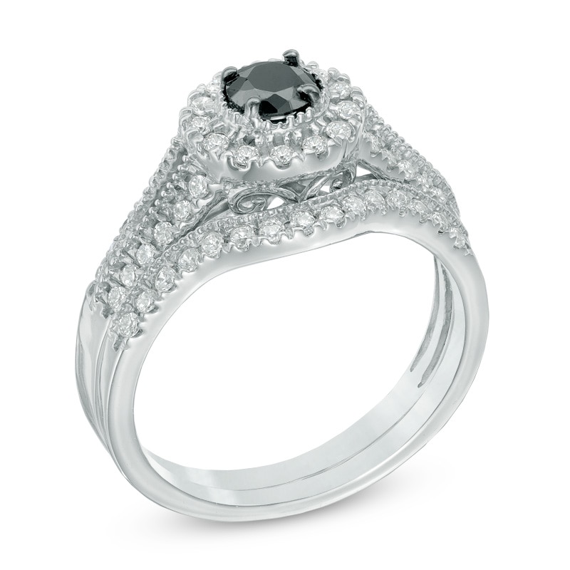 Main Image 2 of Previously Owned - 3/4 CT. T.W. Enhanced Black and White Diamond Frame Bridal Set in 10K White Gold