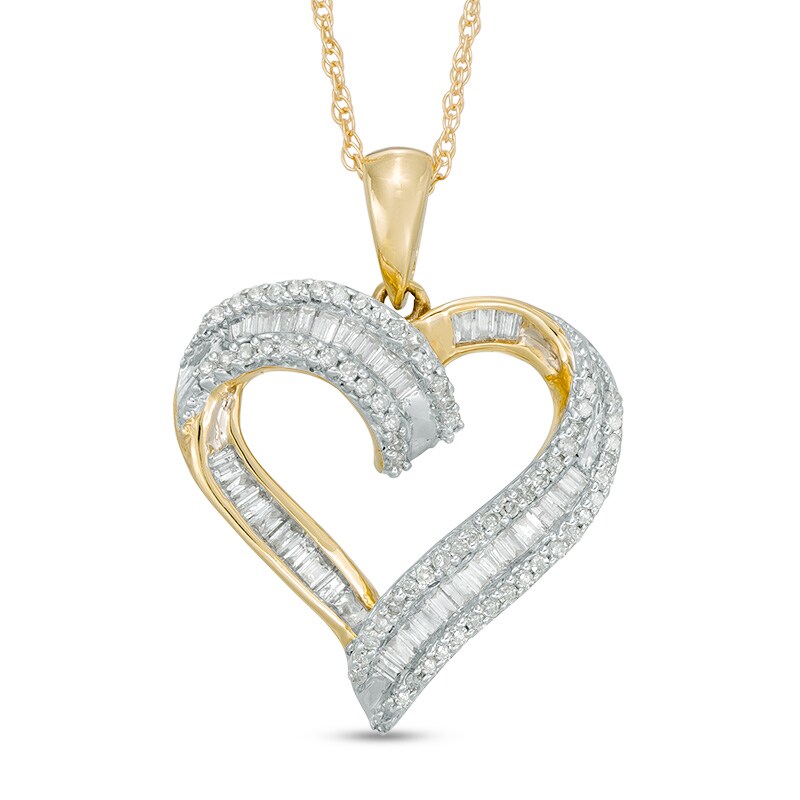 Main Image 1 of Previously Owned - 1/4 CT. T.W. Baguette and Round Diamond Heart Pendant in 10K Gold