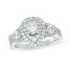 Thumbnail Image 1 of Previously Owned - Celebration Ideal 1-1/5 CT. T.W. Diamond Layered Teardrop Frame Three Stone Ring in 14K White Gold