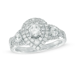 Previously Owned - Celebration Ideal 1-1/5 CT. T.W. Diamond Layered Teardrop Frame Three Stone Ring in 14K White Gold