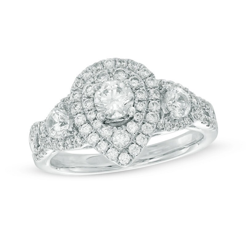 Main Image 1 of Previously Owned - Celebration Ideal 1-1/5 CT. T.W. Diamond Layered Teardrop Frame Three Stone Ring in 14K White Gold