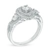 Thumbnail Image 2 of Previously Owned - Celebration Ideal 1-1/5 CT. T.W. Diamond Layered Teardrop Frame Three Stone Ring in 14K White Gold