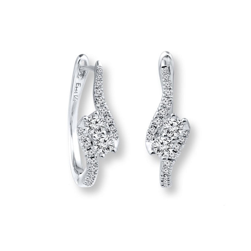 Main Image 1 of Previously Owned - Ever Us™ 5/8 CT. T.W. Two-Stone Diamond Bypass Hoop Earrings in 14K White Gold