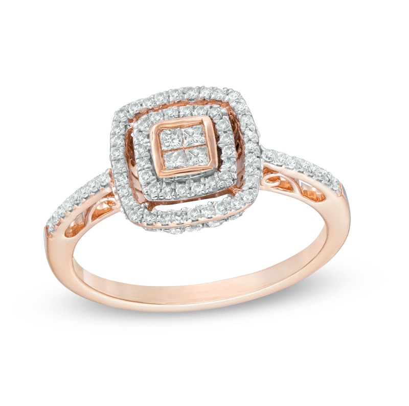 Main Image 1 of Previously Owned - 1/2 CT. T.W. Quad Princess-Cut Diamond Double Frame Ring in 10K Rose Gold