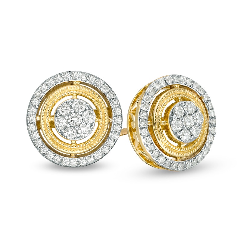 Main Image 1 of Previously Owned - 1/3 CT. T.W. Multi-Diamond Double Frame Vintage-Style Stud Earrings in 10K Gold
