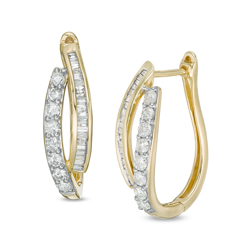 Main Image 1 of Previously Owned - 1 CT. T.W. Baguette and Round Diamond Double Row Hoop Earrings in 10K Gold