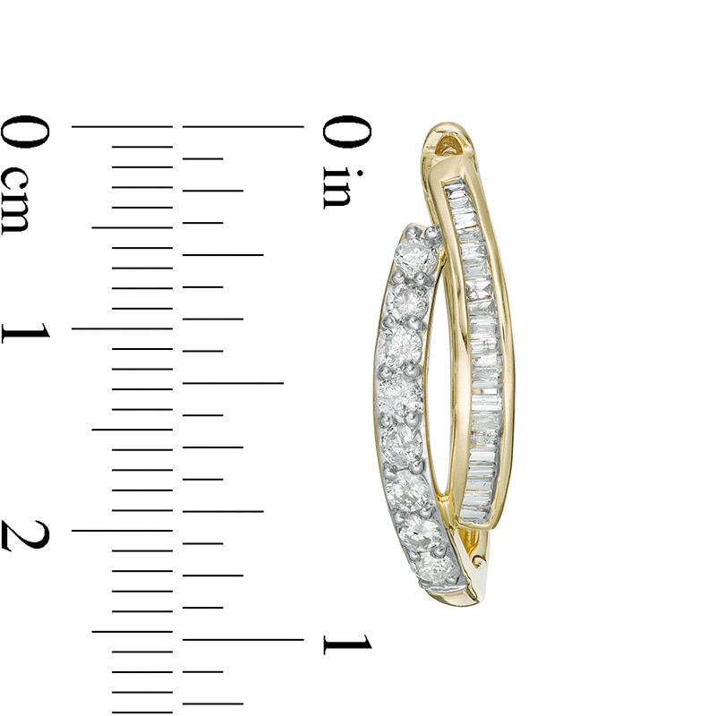 Main Image 3 of Previously Owned - 1 CT. T.W. Baguette and Round Diamond Double Row Hoop Earrings in 10K Gold
