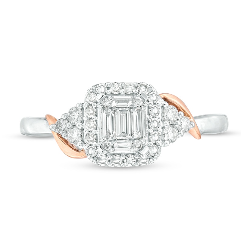 Main Image 4 of Previously Owned - 3/8 CT. T.W. Baguette and Round Diamond Cushion Frame Tri-Sides Ring in 10K Two-Tone Gold