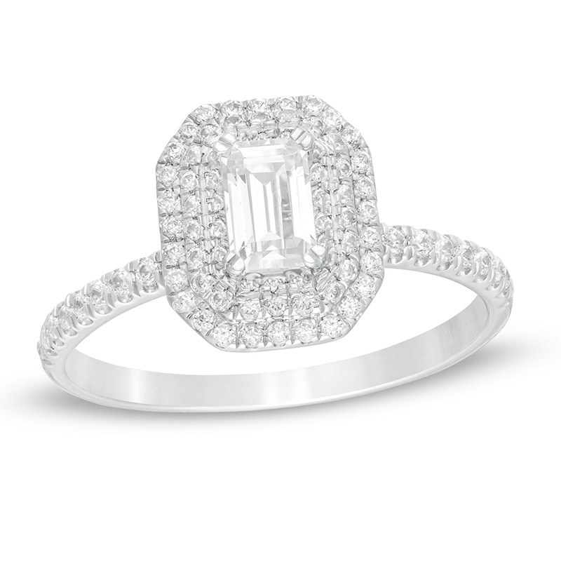 Main Image 1 of Previously Owned - 3/4 CT. T.W. Emerald-Cut Diamond Double Octagonal Frame Engagement Ring in 14K White Gold
