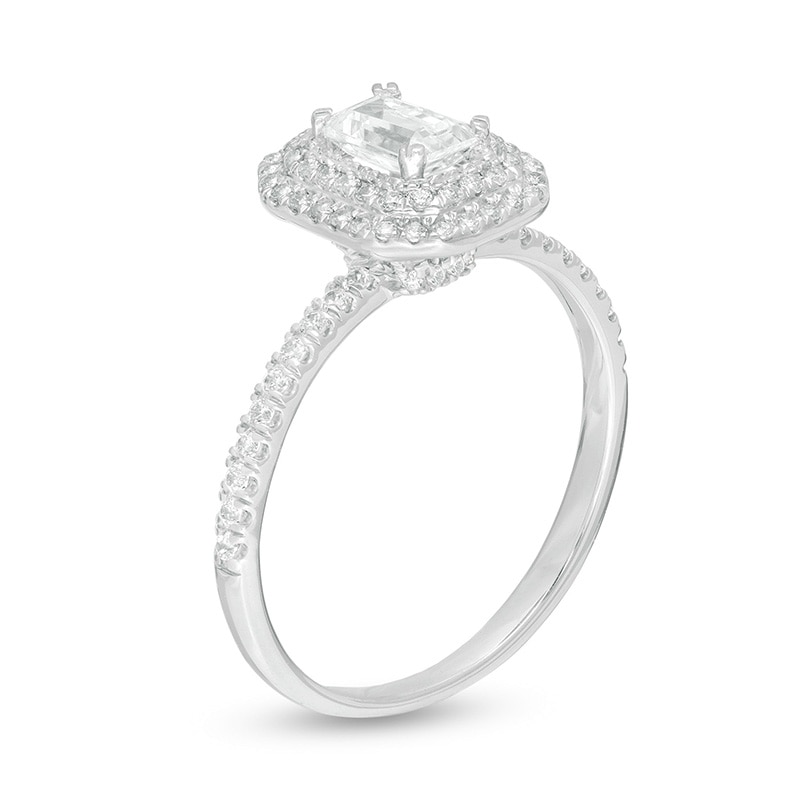 Main Image 3 of Previously Owned - 3/4 CT. T.W. Emerald-Cut Diamond Double Octagonal Frame Engagement Ring in 14K White Gold