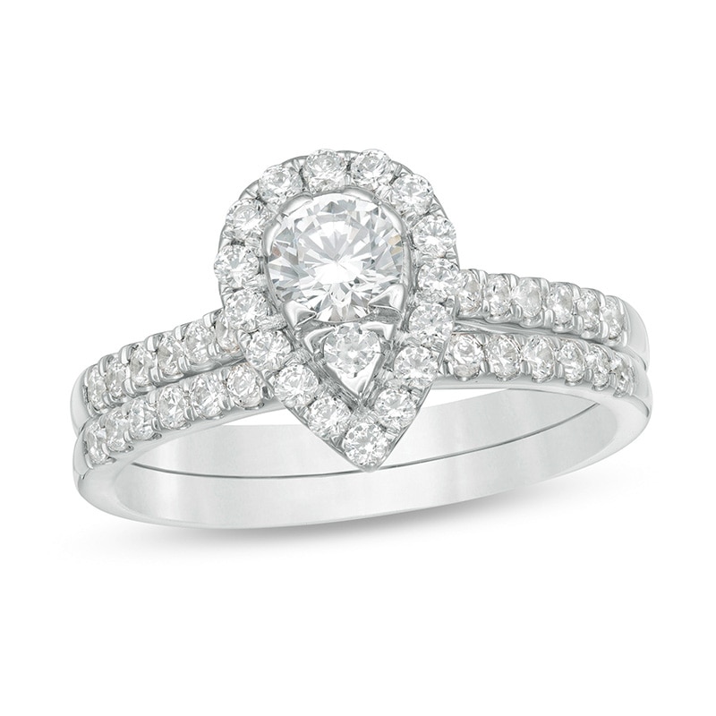 Main Image 1 of Previously Owned - 1 CT. T.W. Pear-Shaped Multi-Diamond Frame Bridal Set in 10K White Gold