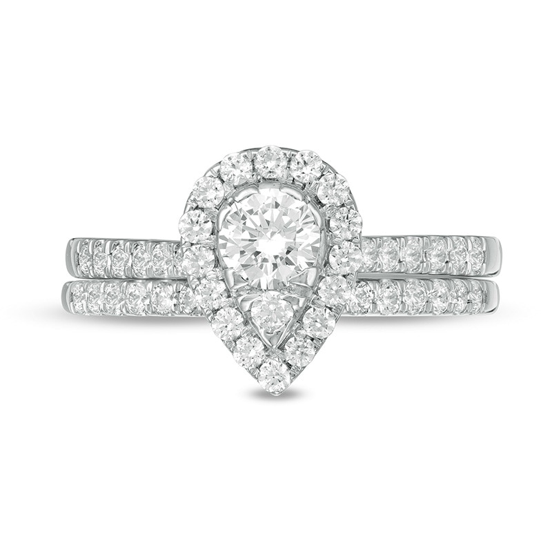 Main Image 4 of Previously Owned - 1 CT. T.W. Pear-Shaped Multi-Diamond Frame Bridal Set in 10K White Gold