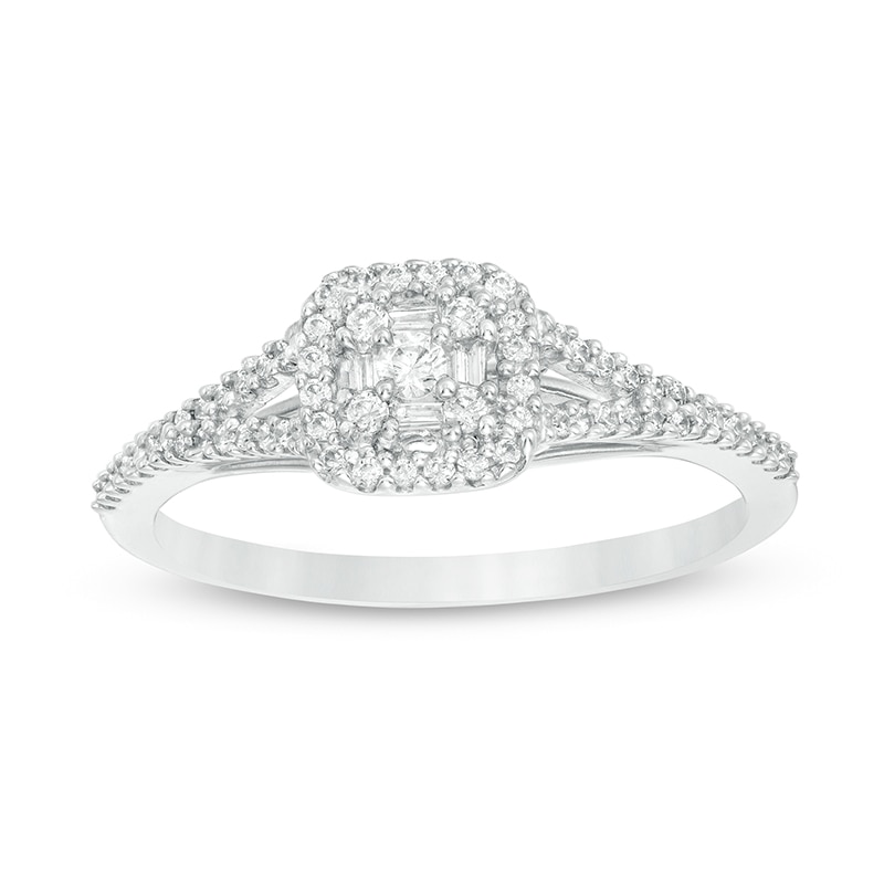 Main Image 1 of Previously Owned - 1/4 CT. T.W. Baguette and Round Diamond Cushion Frame Split Shank Ring in 10K White Gold