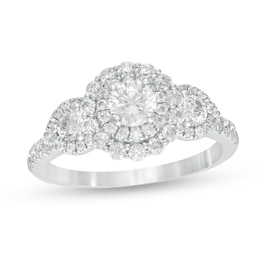 Previously Owned - 1-1/4 CT. T.W. Diamond Past Present Future® Double Frame Engagement Ring in 14K White Gold