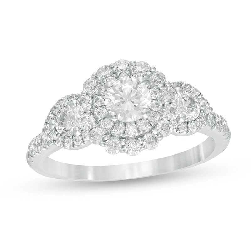 Main Image 1 of Previously Owned - 1-1/4 CT. T.W. Diamond Past Present Future® Double Frame Engagement Ring in 14K White Gold