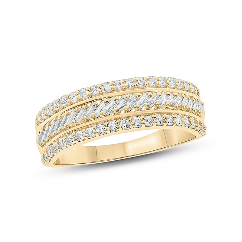 Main Image 1 of Previously Owned - 1/2 CT. T.W. Baguette and Round Diamond Slant Stripe Anniversary Band in 10K Gold