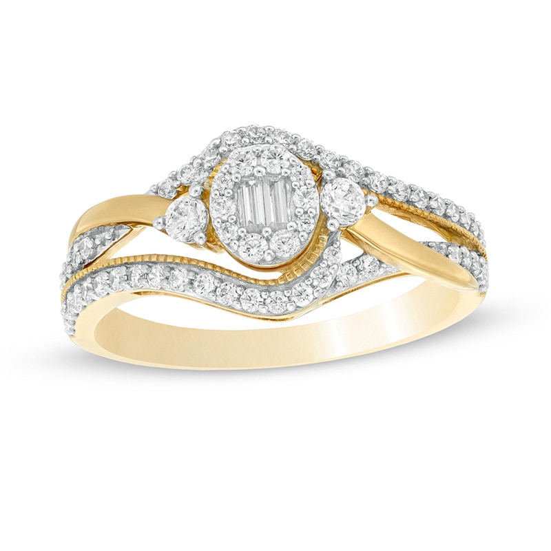 Main Image 1 of Previously Owned - 1/2 CT. T.W. Baguette and Round Diamond Frame Bypass Ring in 10K Gold